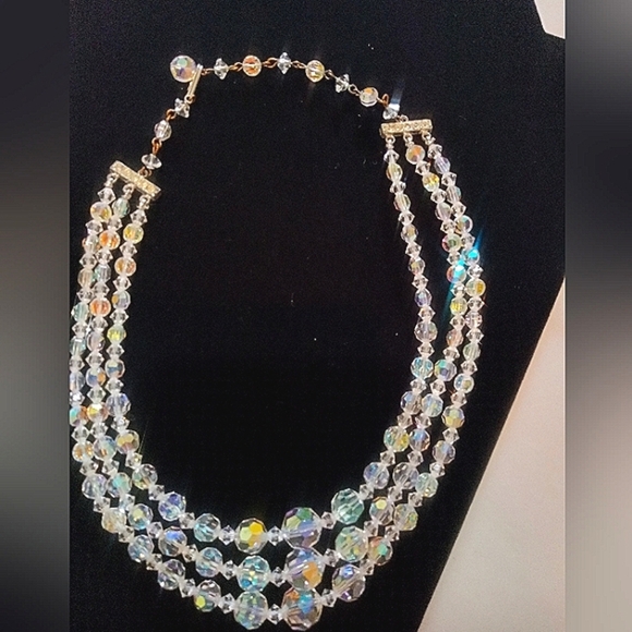 Triple Strand Necklace Aurora Borealis Vintage Crystal Graduated Beads 14-15.5" - Picture 1 of 6